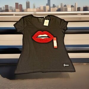 GUESS Los Angeles Women Sze Large Short Sleeve T-Shirt Black Red Lips Logo 💋Y2K